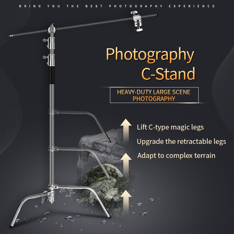 Photography Lighting Softbox - ขาตั้งถ่ายภาพ C-Stand สแตนเลสพร้อมแขนจับและหัวจับอัพเกรดความสูงสูงสุด 260 ซม. พร้อมขา