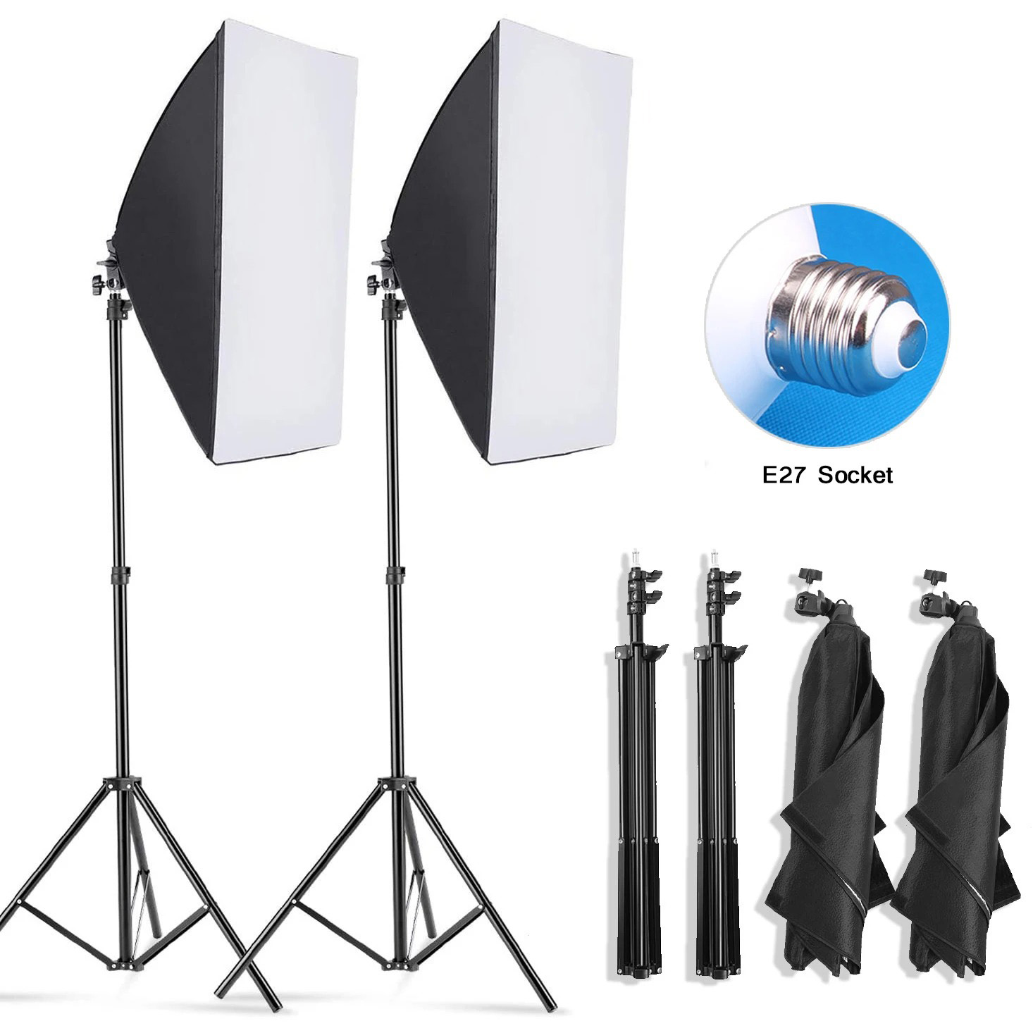 Photography Lighting Softbox - ชุดไฟสตูดิโอสำหรับถ่ายภาพแบบมืออาชีพ พร้อมซอฟต์บ็อกซ์, ขาตั้งกล้อง, หลอดไฟ E27 ระบบไฟต่อเนื่องสำหรับสตูดิโอถ่ายภาพ