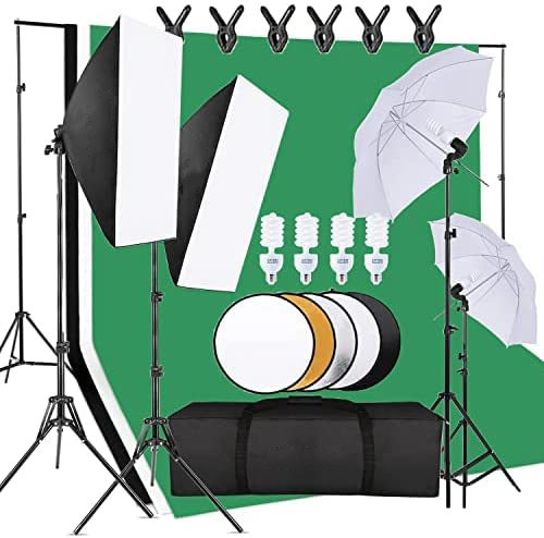 Photography Lighting Kit With Backdrop - ชุดอุปกรณ์สตูดิโอถ่ายภาพราคาประหยัด ประกอบด้วยขาตั้งฉากหลัง, แผ่นสะท้อนแสง, ชุดไฟถ่ายภาพ, ร่มซอฟต์บ็อกซ์