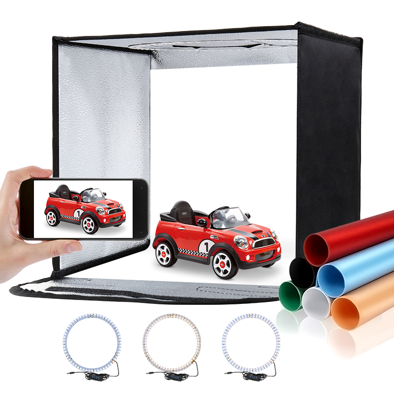 Photography Lighting Kit With Backdrop - 11.8x11.8 นิ้วพับสตูดิโอถ่ายภาพกล่องไฟหลายมุมยิงเต็นท์ชุดไฟ LED แหวนพกพากระเป๋าสําหรับถ่ายภาพ 6 ฉากหลัง