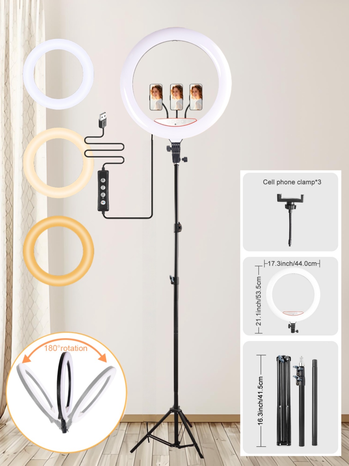 Photography Lighting Online - ชุดไฟวงแหวนขนาด 18 นิ้วแบบมืออาชีพพร้อมกระเป๋าเก็บของ - ขาตั้งกล้องแบบพับได้สูง 1.86